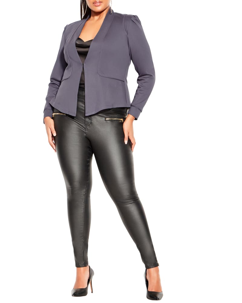 Front of a model wearing a size XS Piping Praise Jacket in Slate by City Chic. | dia_product_style_image_id:240028